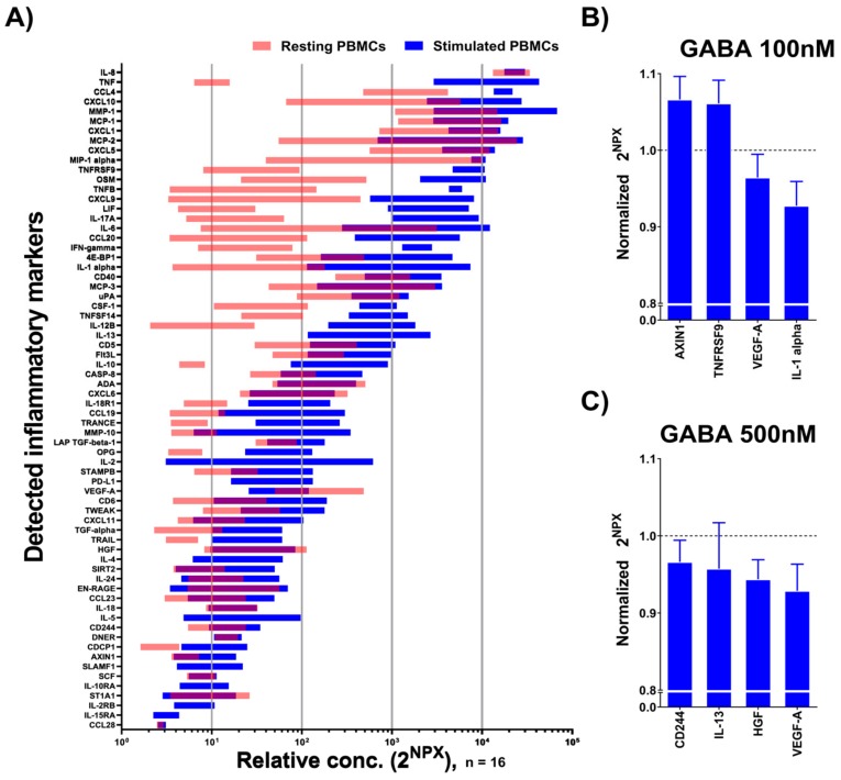 Identification of cytokines released from PBMCs from patients and the effects of GABA on the levels of inflammatory markers released from stimulated cells. (A) Screening of 92 inflammatory markers (Table S3) in PBMC media from patients by Proseek Multiplex PEA inflammation panel I revealed the expression of 59 (light red) and 68 (blue) inflammatory markers from non-stimulated and stimulated PBMCs, respectively (Table S6). Data are represented by 2NPX values as floating bars (minimum to maximum) arranged in descending order of the mean expression level of the inflammatory markers. (B–C) Inflammatory markers released from stimulated PBMCs from patients were significantly affected by (B) GABA 100 nM or (C) GABA 500 nM. Data are represented by 2NPX values normalized to controls as a bar graph with the mean ± SEM. Mean values with SEM and p values are provided in Table S7. The differences between groups were assessed by nonparametric Kruskal–Wallis ANOVA on ranks with Dunn’s post hoc test (Table S7). p < 0.05 for (B) and (C).
