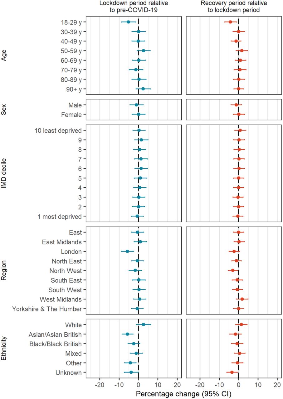 Changes in number of people prescribed opioids during the restriction and recovery periods by demographics, adjusted for long-term trends and seasonality
