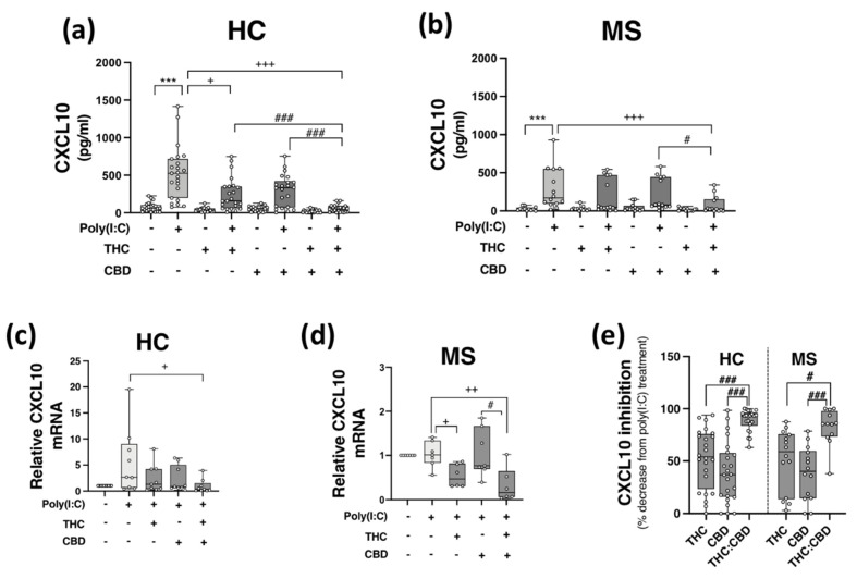 THC:CBD inhibits TLR3-induced CXCL10 in PBMCs from HC subjects and pwMS. Treatment of PBMCs from (a) HCs and (b) pwMS with poly(I:C) (10 μg/mL; 24 h) increased CXCL10 protein expression. Pre-treatment with THC (10 μM) in combination (1:1) with CBD (10 μM) (45 min pre-treatment) significantly inhibited poly(I:C)-induced CXCL10 expression in PBMCs from (a) HCs (Kruskal–Wallis statistic = 94.0) and (b) pwMS (Kruskal–Wallis statistic = 36.2). (a) Pre-treatment with THC (10 μM; 45 min) alone significantly inhibited poly(I:C)-induced CXCL10 expression in PBMCs from HCs (Kruskal–Wallis statistic = 94.0). Pre-treatment with a 1:1 combination of THC (10 μM) and CBD (10 μM) (45 min pre-treatment) significantly inhibited the effect of poly(I:C) on CXCL10 mRNA expression in PBMCs from (c) HCs (Kruskal–Wallis statistic = 16.6), and (d) pwMS (Kruskal–Wallis statistic = 13.8). (e) Summary of the inhibitory effect of THC (10 μM), CBD (10 μM) and THC:CBD (10 μM:10 μM) on TLR3-induced CXCL10 protein expression in PBMCs from HCs and pwMS (expressed as % decrease from poly(I:C) treatment). Treatment of PBMCs from HCs with THC:CBD (10 μM:10 μM) in the presence of poly(I:C), significantly reduced CXCL10 expression when compared to PBMCs treated with poly(I:C) + THC (10 μM) and poly(I:C) + CBD (10 μM) (Kruskal–Wallis statistic = 48.5). Treatment of PBMCs from pwMS with THC:CBD (10 μM:10 μM) in the presence of poly(I:C), significantly reduced CXCL10 expression when compared to PBMCs treated with poly(I:C) + THC (10 μM) and poly(I:C) + CBD (10 μM) (Kruskal–Wallis statistic = 48.5). Statistical significance was determined by Kruskal–Wallis tests, with Dunn’s multiple comparison post-hoc test to compare means of preselected pairs of groups. Data are presented as median chemokine expression, minimum and maximum values and IQR. Symbols indicate individual data points in PBMCs from 24 HCs and 14 pwMS for protein analysis, and 10 HCs and 7 pwMS for mRNA analysis. *** p < 0.001 versus vehicle control group. + p < 0.05, ++ p < 0.01, +++ p < 0.001 compared to cells treated with poly(I:C). # p < 0.05, ### p < 0.001 vs. PBMCs treated with poly(I:C) in the presence of THC:CBD in a 1:1 combination.