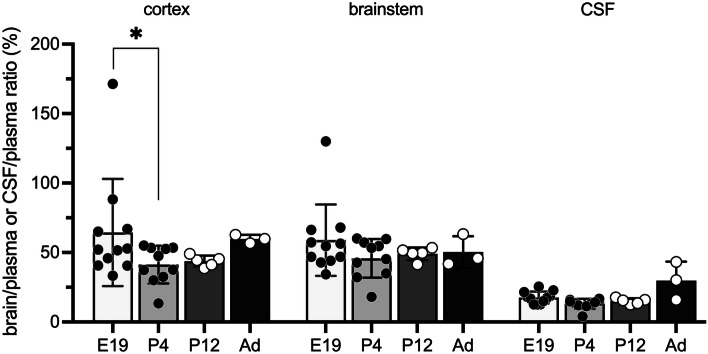 Age-dependent entry of cannabidiol into brain and CSF. Rats at E19, P4, P12 and non-pregnant adult females (Ad) were injected i.p. with cannabidiol, 10 mg/kg, and samples taken 30 min post-injection. Results are expressed as ratios of DPM in brain or CSF to plasma (%). Each point represents a single animal; n = 3–14. Mean ± SD. *p < 0.05