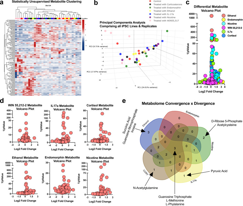 Hybrid metabolomics reveals novel metabolite alterations within enviromimetic forebrain organoids.a, b Statistically unsupervised analysis of treatment-induced metabolites. The metabolome of dorsal forebrain organoids exposed to our narcotic and neuropsychiatric-related treatments were first analyzed and in a statistically unsupervised format. This involved unbiased clustering of the metabolomic profiles of all samples (a). In addition, a statistically unsupervised principal components analysis was also conducted to visualize the distinctness of our various treatments within human-derived dorsal forebrain organoids (b). Note, the ordering of groups for presentation purposes are presented differ here due to the hierarchical relationships present between samples in these statistically-unsupervised clustering/principal components analyses. c, d Metabolomic Log2FC alterations visualized as split-axis volcano plots. Metabolic factors were next analyzed as a function of both their Log2FC and statistical significance. This yielded a global metabolite profile for all treatment conditions (see global volcano plot in (c)). Differential metabolite expression was subsequently split as a function of treatment group and was visualized as group-specific volcano plots that had been statistically compared against the metabolite profile of vehicle-treated controls (d). e Metabolome convergence and divergence across narcotic and neuropsychiatric-related risk factors in dorsal forebrain organoids. Further analysis of metabolomes revealed both common and unique metabolite alterations between human-derived dorsal forebrain organoids exposed to our different treatment conditions. This included differential expression of L-Phenylalanine in all treatment groups. The neurodevelopment-related metabolite Guanosine Triphosphate (GTP) was also differentially expressed in all treatment groups except those exposed to WIN 55,212-2. Because WIN 55,212-2 exhibited no further commonalities with our other groups, only the remaining 5 narcotic and neuropsychiatric-related treatment conditions were visualized (e). As discussed in-text, further analysis revealed that treatment of human-derived dorsal forebrain organoids with IL17a altered pyruvic acid expression, cortisol altered N-Acetylglutamine, nicotine altered D-Ribose 5-Phosphate and Acetylcysteine, and ethanol treatment yielded altered succinic acid, guanosine monophosphate, and inosine. Further discussion of metabolite data is provided in-text. Note that (a) and (b) share the same group legend, which is presented in (b). For all panels, each donor sample was treated with all experimental compounds. This yielded n = 5 iPSC donors x n = 7 treatment groups for a total n of = 35 experimental samples for LC/MS analysis.