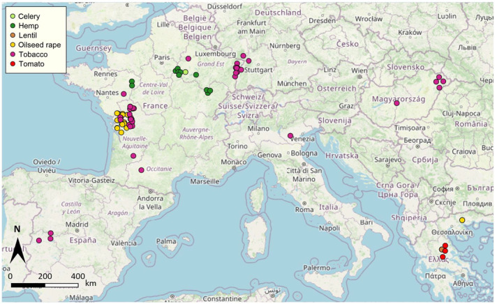 Map showing the geographical locations and associated host crops for the 109 populations of Phelipanche ramosa sampled for this study.