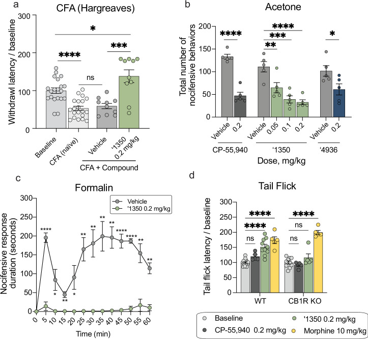 Additional profiles of the cannabinoid agonists.a Complete Freud’s Adjuvant (CFA) test (n = 10 except baseline and CFA n = 20; two-tailed unpaired t-tests, ‘1350 vs. vehicle: t(18) = 4.3, P = 0.0005; ‘1350 vs. baseline: t(28) = 2.4, P = 0.02; CFA vs. vehicle: t(28) = 0.6, P = 0.52; CFA vs. baseline: t(38) = 5.1, P < 0.0001; asterisks define t-test P value). b Acetone test (all n = 5; two-tailed unpaired t-tests, CP-55,940 vs. vehicle: t(8) = 9.3, P < 0.0001; ‘4936: t(8) = 2.4, P = 0.04; and ‘1350: one-way ANOVA, F(3, 16) = 14.25, P < 0.0001). For CP-55,940 and ‘4936, asterisks define t test P value. For ‘1350, asterisks define differences after Dunnett’s multiple comparisons correction; vehicle vs. ‘1350, 0.05 mg/kg: P = 0.0084; 0.1 mg/kg: P = 0.0002; 0.2 mg/kg: P < 0.0001. c Formalin test (all n = 5; multiple two-tailed unpaired t-tests with Holm-Šídák correction; vehicle vs. ‘1350, 5 min: P < 0.0001; 10 and 20 min: P = 0.03; 15 min: P = 0.003; 25, 30, and 35 min: P = 0.005; 40 min: P = 0.001; 45 and 50 min: P < 0.0001; 55 min: P = 0.005; 60 min: P = 0.002. d Tail flick in wildtype (WT) versus CB1R knockout (KO) mice (WT: CP-55,940 and morphine n = 5, ‘1350 n = 10, baseline n = 15; CB1R KO: CP-55,940, morphine, and ‘1350 n = 5, baseline n = 10; two-way ANOVA; genotype x drug interaction: F(4, 60) = 6.7, P = 0.002; genotype: F(1, 60) = 10.8, P = 0.002; drug: F(4, 60) = 45.5, P < 0.0001). Asterisks define differences after Šídák’s multiple comparisons correction; WT: baseline vs. CP-55,940: P = 0.78; baseline vs. ‘1350 and morphine: P < 0.0001; CB1R KO: baseline vs. CP-55,940: P > 0.99; vs. ‘1350: P = 0.99; vs. morphine: P < 0.0001. a–d represent mean ± SEM; n denotes the number of independent animals per group. ns, not significant, *P < 0.05, **P < 0.01, ***P < 0.001, ****P < 0.0001.