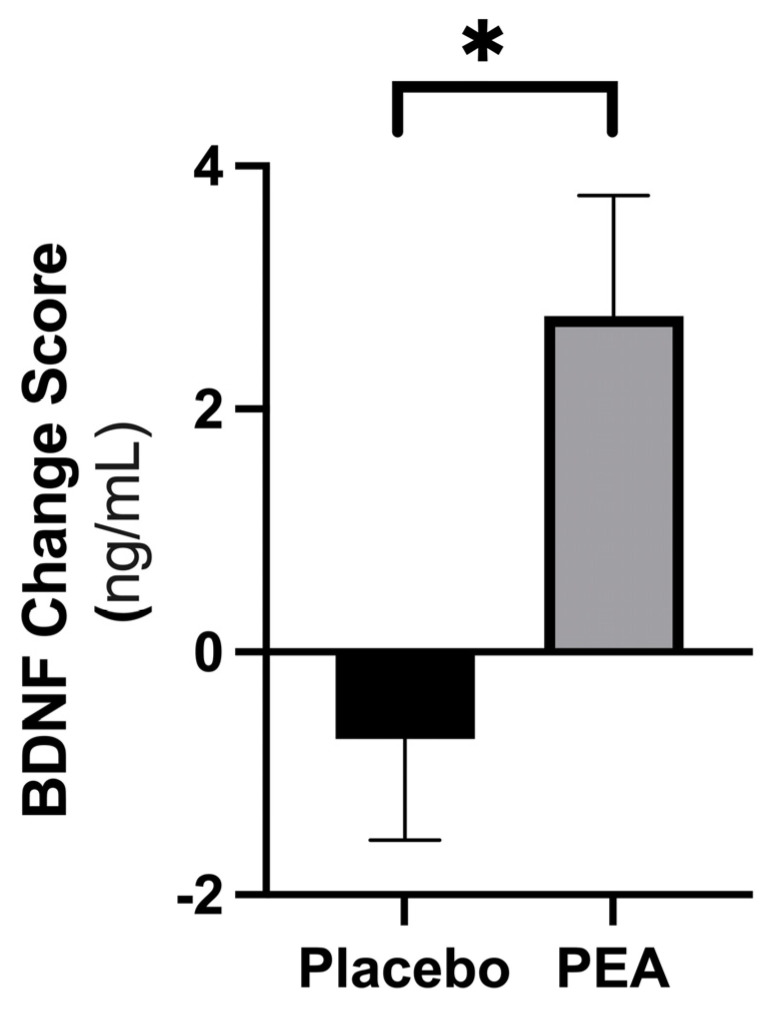 The change score of Levagen+® PEA supplementation placebo from baseline to follow up on serum BDNF levels as compared with the placebo over the supplementation period. Data are expressed as mean ± SEM. * Denotes significant difference (p < 0.05).