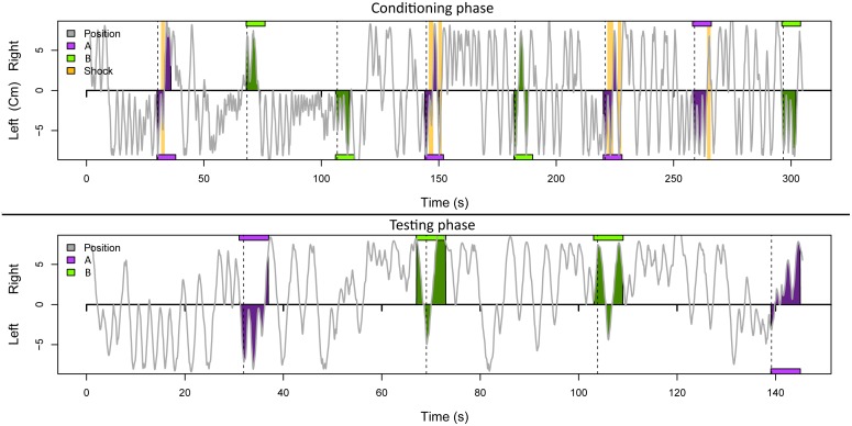Example plot showing an individual honeybee conditioning experiment.The gray line indicates the walking trace from left to right in the conditioning chamber. Magenta and green boxes indicate heroin and cis-3-hexenol odor stimuli, respectively, and the side from which the odor was applied. Yellow lines indicate shock impulses. The upper plot shows the conditioning phase, the lower plot the test phase without shocks after a 5-min interval.