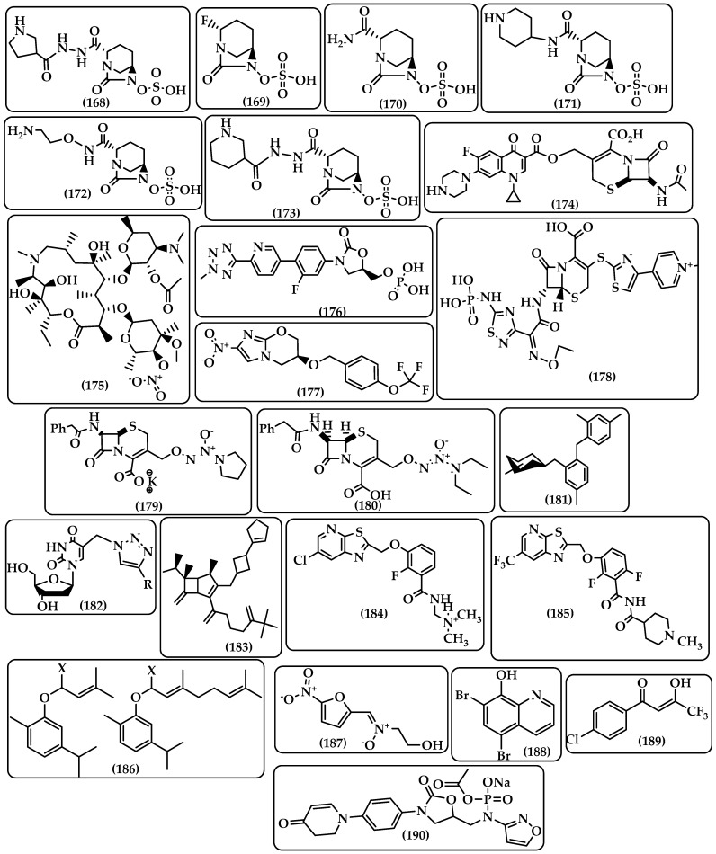 Chemical structure of WCK 5153 (168), ANT3310 (169), avibactam (170), relebactam (171), nacubactam (172), zidebactam (173), β-Lactamase-Activated Ciprofloxacin Prodrug (174), azithromycin prodrug (CSY5669) (175), tedizolid phosphate (TR701) (176), pretomanid (177), ceftaroline fosamil (178), C3D (179), DEA-C3D (180), triclosan glycoside prodrugs (181), prodrugs of 5-modified 2ʹ-deoxyuridines (182), tebipenem pivoxil HBr salt (183), TXY436 (184), TXA709 (185), carvacrol prodrugs (WSCP18-19) (186), ADC111 (187), ADC112 (188), ADC113 (189), and contezolid acefosamil (CZA) prodrug (190).
