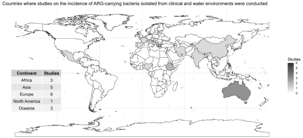 Geographic distribution of research articles investigating antimicrobial resistance in ESKAPE pathogens isolated from clinical and aquatic environments.