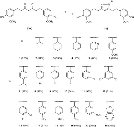 Synthesis of pyrazole derivatives of THC (1–18). Reagents and Conditions: a RNHNH2, HOAc, MeOH, reflux, 10 h