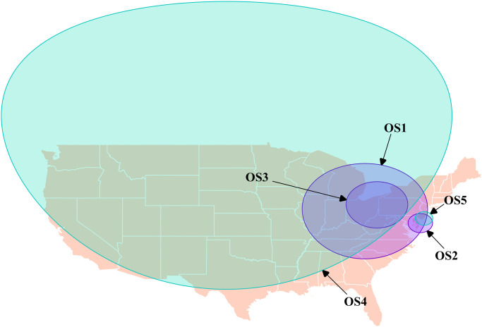 Locations of statistically significant spatial clusters identified with the spatial scan statistic using Bernoulli models, where there were statistically significant higher proportions of dog-associated poisoning calls to the Animal Poison Control Center related to opioids in the continental US (2005–2014).