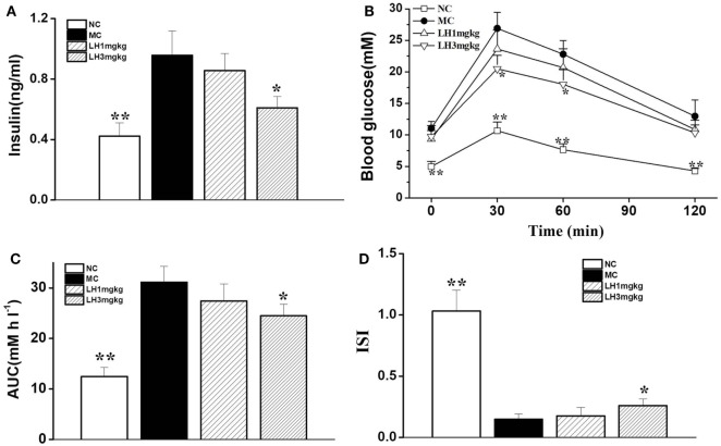 Effect of LH-21 on glucose tolerance and serum insulin level in KKAy mice. (A) Fasting serum insulin level. (B) Oral glucose tolerance test (OGTT). At the 16 day of treatment, overnight fasted mice were subjected to OGTT, and blood glucose was tested at the indicated time. (C) The area under the curve (AUC) of OGTT. (D) The insulin sensitivity index (ISI). NC, normal control; MC, model control; LH, LH-21. Values are mean ± SD. n = 8; *p < 0.05, **p < 0.01 vs. MC group.