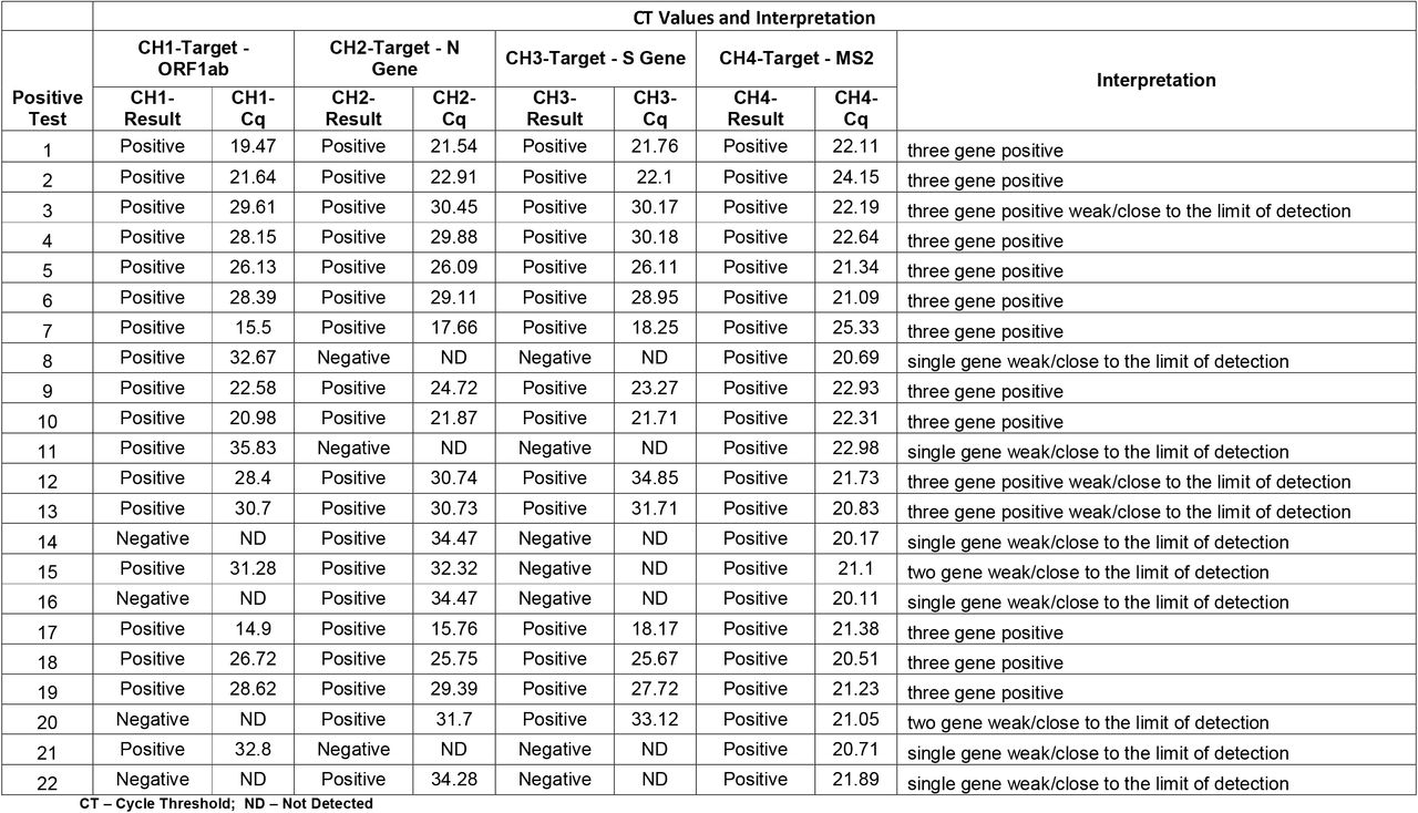 Positive test Cycle Threshold (CT) values and interpretation