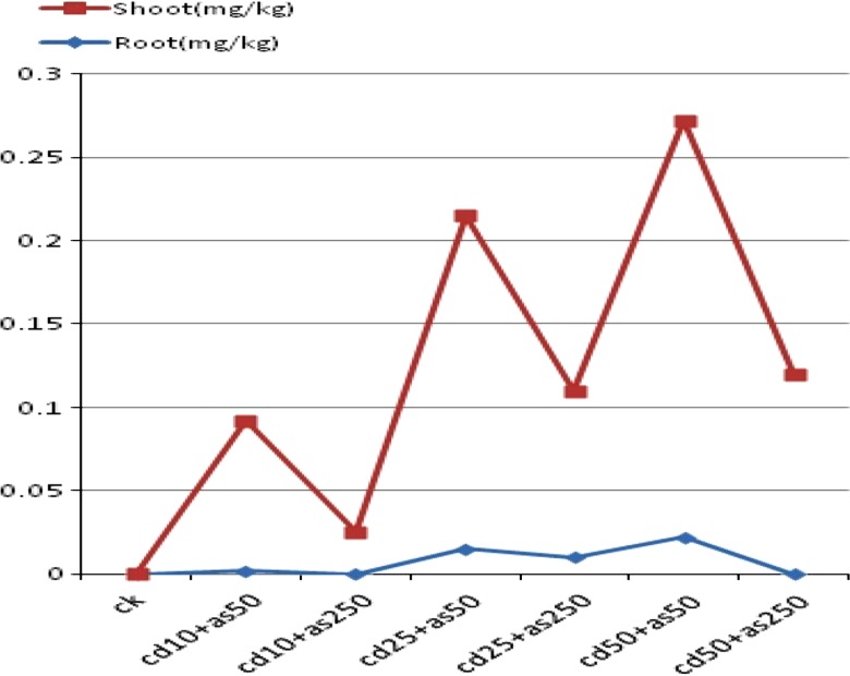 Graphical representation of antagonistic effect by Cd and As on the bioaccumulation potential of Cd hyperaccumulator R. globosa (Sun et al. 2007)