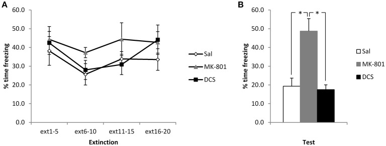 Pre-extinction MK-801 attenuates the subsequent decline in contextual freezing following weak conditioning. MK-801 and DCS were injected 30 min prior to the extinction session. There were no acute effects of either drug during the extinction session itself (A). MK-801, but not DCS, increased contextual freezing at the subsequent test (B). N = 6–7 per group. *p < 0.05.