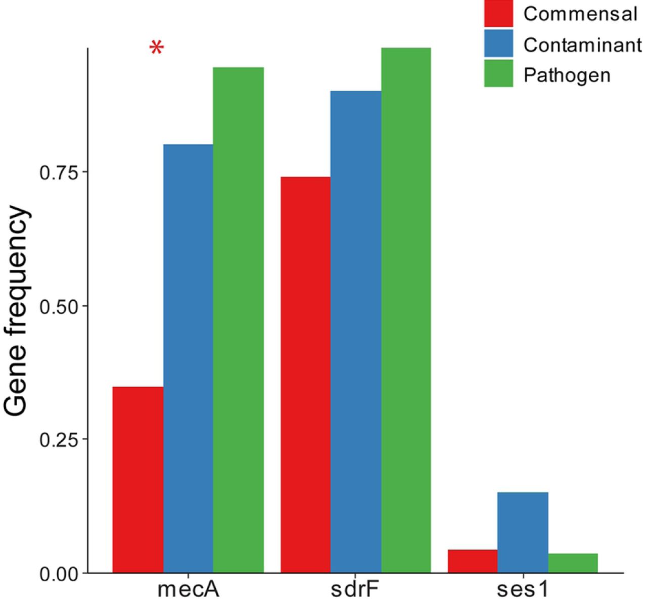 Frequency of virulence genes. * indicates χ2 p<0.05 with Bonferroni correction for multiple comparisons.
