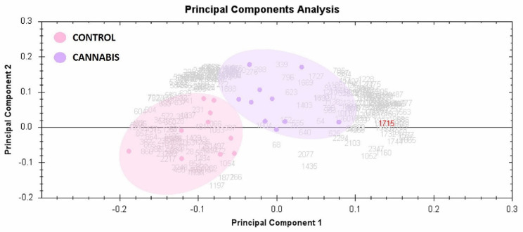 Principal component analysis of the proteomic dataset. Principal component analysis is presented in the figure where purple dots are the plasma samples from cannabis group and pink dots are from control group. Together, these explained 64% of the selected spot’s variability values. Colored dots and numbers are represented of the gels and spots, respectively.