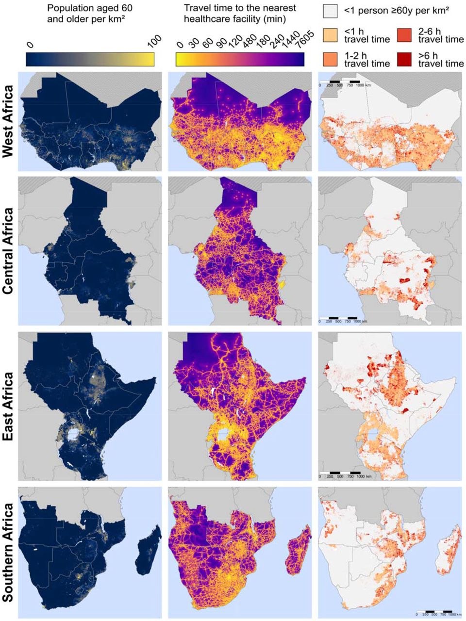 Maps of travel time to the nearest healthcare facility for adults ≥60 years, by region