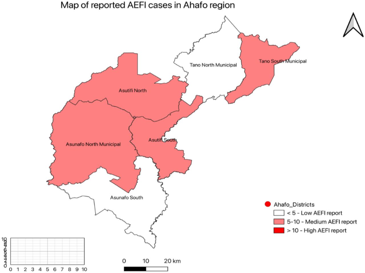 Reported cases of AEFI according to Districts in Ahafo region.Source: Field Survey, 2025