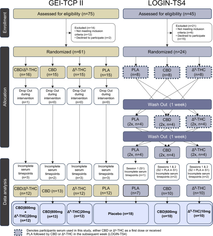 Consolidated Standards of Reporting Trials diagram of study designs and participant’s serum collection from respective phase I clinical trials (GEI-TCP-II and LOGIN-TS4). CBD, cannabidiol; Δ9-THC, delta-9-tetrahydrocannabinol; PLA, placebo.