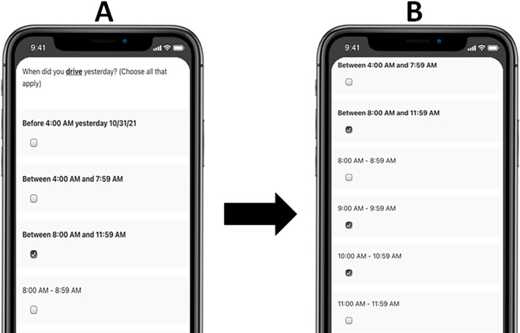 Example of daily measures assessing timing.Note: Participants first receive the screen shown in panel “A.” When a 4-hour period is chosen, below it 1-hour increment options appear as shown in panel “B.”.