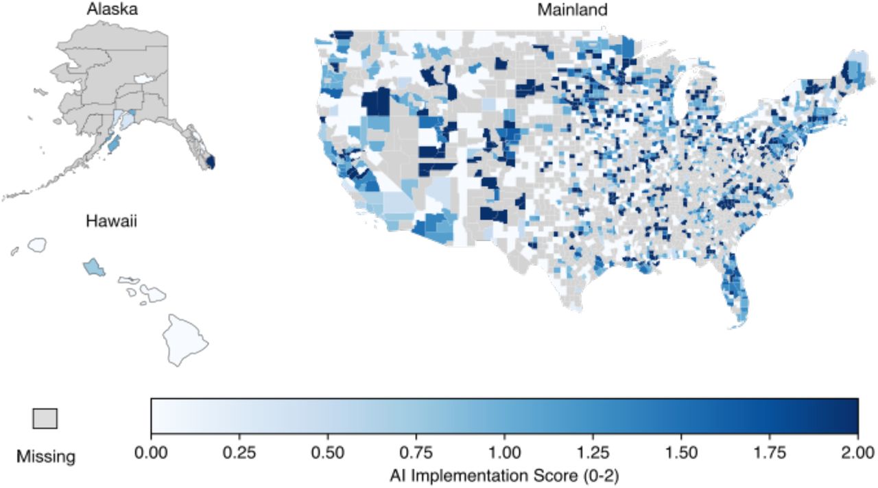 Distribution of Healthcare System AI Implementation Level Across U.S CountiesAbbreviation: AHA, American Hospital Association; AI, Artificial Intelligence; IT, Information Technology.The mean and median of county AI implementation levels were 0.89 and 1.00, respectively. Hospitals that responded to the AHA IT supplement but did not respond to the AI implementation-specific survey question were assigned a value of 0.