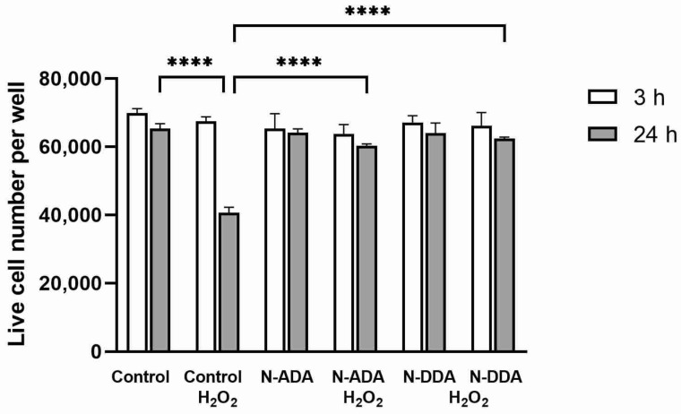 Pretreatment with N-acyl dopamines (5 µM) protects human iPSC-derived TDNs against H2O2.-induced cell death. Cell cultures were pretreated for 40 min with N-ADA or N-DDA (5 µM) and incubated for 3 h or 24 h with 200 µM H2O2. Counting of surviving cell numbers was assessed by their detachment with trypsin at indicated time points after H2O2 administration. The data are represented as mean ± SEM (n = 3). **** p < 0.0001.