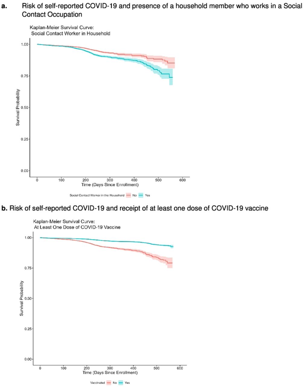 Kaplan Meyer survival analysis comparing cumulative risk of self-reported COVID-19 by specific risk factors.