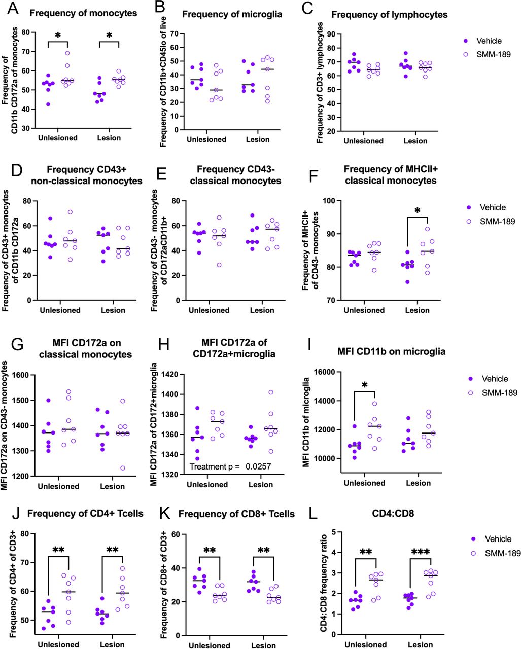 Modulation of CB2 with SMM-189 promotes monocyte infiltration and increased innate and adaptive immune cell activation in the brain.Brain immune cells from high cohort rats were isolated from lesioned-(+human Asyn) and unlesioned (-human Asyn) hemispheres at 8 weeks and monocyte, lymphocyte and microglia populations initially identified using CD45 and CD11b expression and further gated into more distinct populations. Quantification of immune cell population frequencies are shown here for microglia (CD45loCD11b+), monocytes (CD11b+CD172a+) and lymphocytes (CD3+) of their parent gate (A-C). Monocyte frequencies were increased in the brains of SMM-189-treated animals compared to vehicle-treated animals in both hemispheres (A), but no differences in microglia (B) or CD3+ lymphocytes (C). Quantification of non-classical (CD43+CD172a+), classical (CD43-CD172+) monocytes show no differences across groups (D-E), yet treatment with SMM-189 increased the frequency of MCHII+ classical monocytes in the presence of Asyn compared to treatment with vehicle (F). Mean fluorescent intensity (MFI) of CD172a on classical monocytes was not different between conditions (G), but was globally increased on CD172a+microglia from SMM-189-treated rats (H). MFI of CD11b on microglia was increased in unlesioned hemispheres of those with SMM-189 treatment compared to vehicle (I). CD4 and CD8 T cell subsets were quantified and found that CD4+ T cells were increased (J), while CD8+ T cells were reduced (K) in both hemispheres of SMM-189-treated rats compared to vehicle, resulting in increased CD4:CD8 ratios across treatment groups (L). *p<0.05, **p<0.01, ***p<0.001