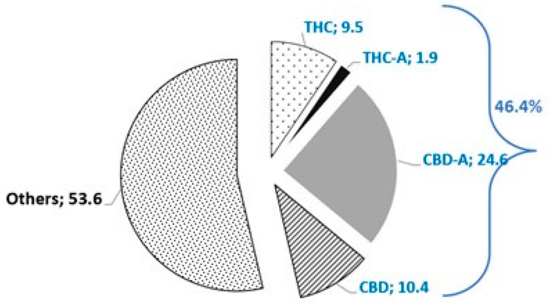 Percentage distribution of cannabinoids in the Cannabis sativa extract analyzed by Terpene Analytics. The extract contains detectable levels of Δ9-Tetrahydrocannabinol (THC), Δ9-Tetrahydrocannabinolic acid (THCA), Cannabidiol (CBD), and Cannabidiolic acid (CBDA).