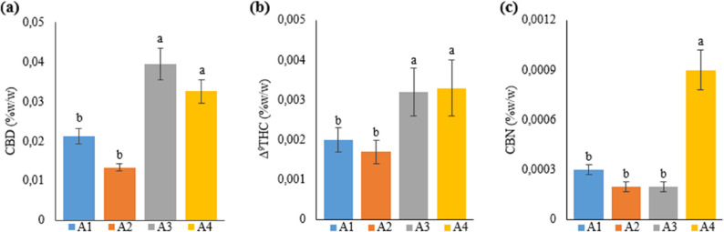 Graph showing CBD (a), Δ9THC (b) and CBN (c) content of cannabis plants which is A1: 1/2 Hoagland + 150:30:150 N: P:K, A2: 1/2 Hoagland + 150:30:150 N: P:K + 10 mg/L Si, A3: 1/2 Hoagland + 150:30:150 N: P:K + 1 mg/L IBA, A4: Soil media (peat: soil: perlite / 1:1:1). Columns shown that mean comparsions were conducted using Duncan’s multiple range test wtih the bars stand for standard deviation (SD). According to the analysis of variance, different letters indicate statistically significant differences at p ≤ 0.05