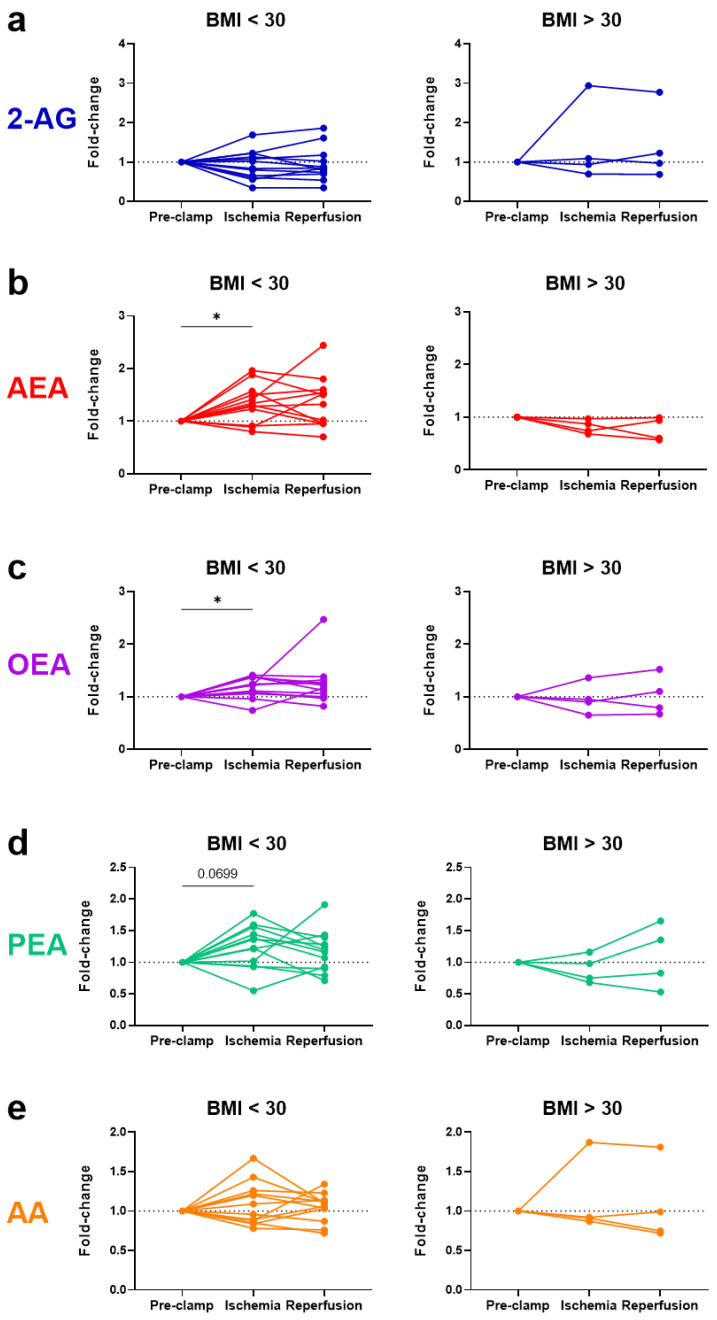 Patient stratification by BMI displaying changes in the systemic levels of endocannabinoids, ((a) 2-AG and (b) AEA), endocannabinoid-like compounds, ((c) OEA and (d) PEA), and a degradative product ((e) AA) as a result of renal ischemia–reperfusion during partial nephrectomy. Results are stratified for non-obese (BMI < 30; left panels) versus obese (BMI > 30; right panels) patients. BMI = body mass index; 2-AG = 2-arachidonoylglycerol; AEA = anandamide; OEA = N-oleoylethanolamine; PEA = N-palmitoylethanolamine; AA = arachidonic acid. * p < 0.05.