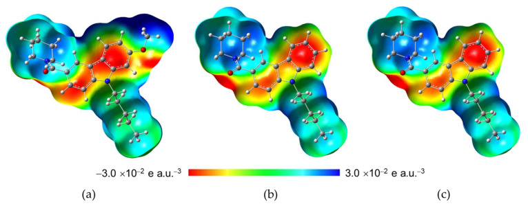 Molecular electrostatic potential maps. In: (a) NMP-4, (b) NMP-7, and (c) NMP-181 compounds at BP86/cc-pVTZ level of theory in chloroform.