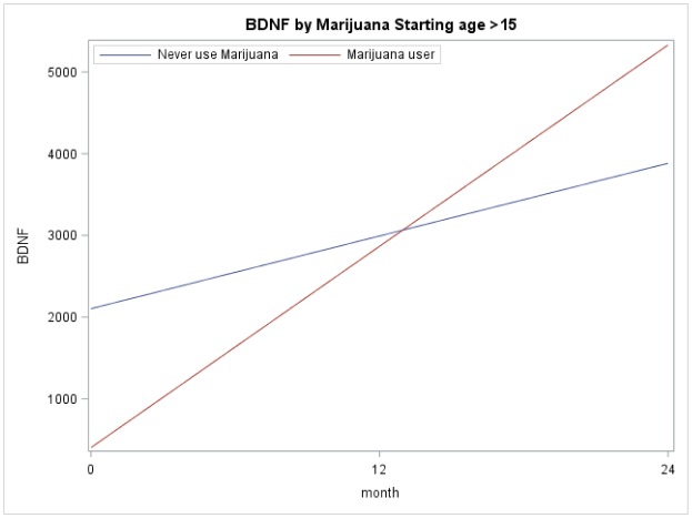 BDNF by Marijuana Starting Age > 15. Representation of m-BDNF levels at different time points and the trend of changes during the study period.