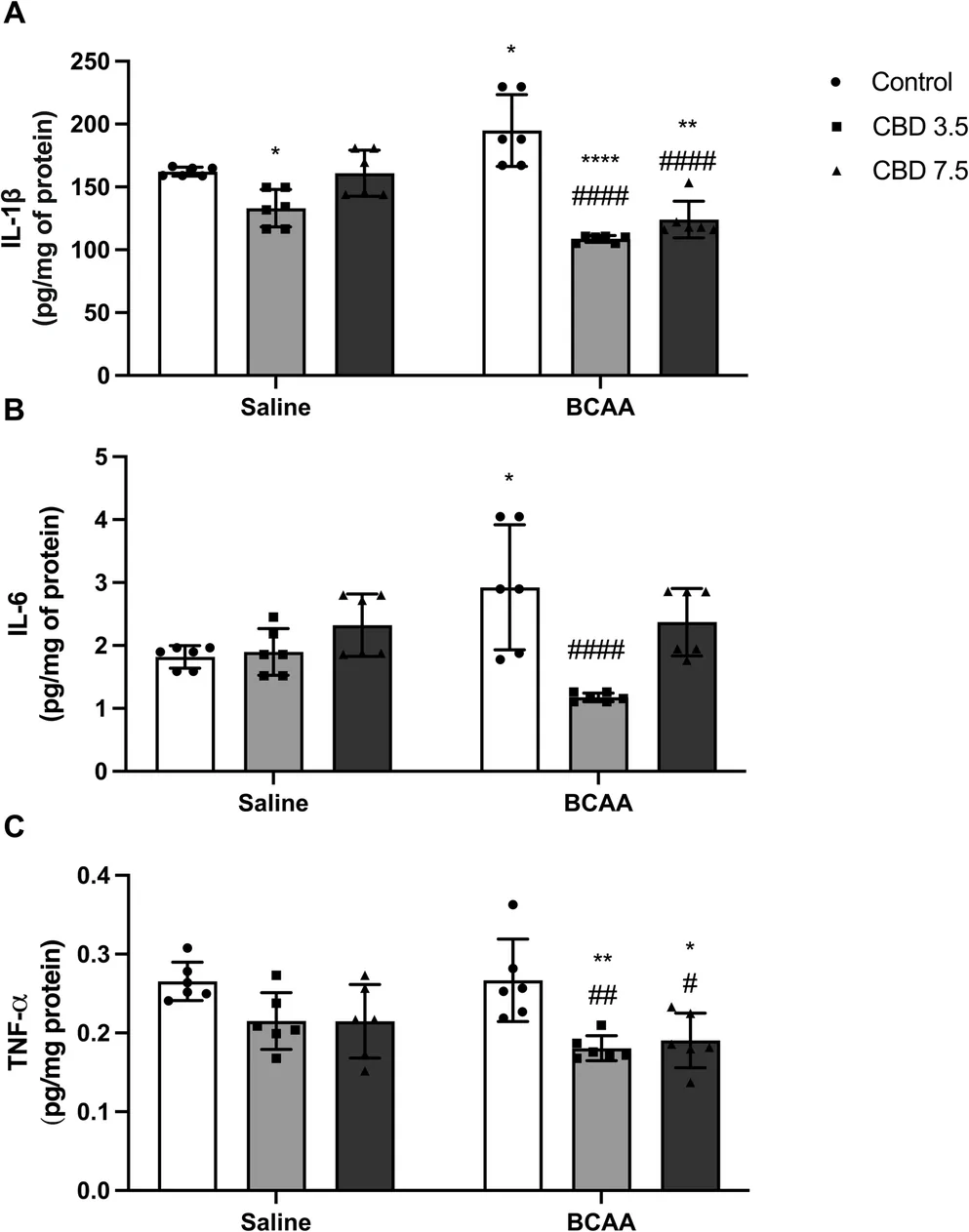 Effects of BCAA administration and CBD treatment on inflammatory parameters in rat cortex. (A) Interleukin-1β (IL-1β) levels. (B) Interleukin-6 (IL-6) levels. (C) Tumor necrosis factor-alpha (TNF-α) levels. Experimental groups included saline control, saline CBD 3.5 mg/kg, saline CBD 7.5 mg/kg, BCAA control, BCAA + CBD 3.5 mg/kg, and BCAA + CBD 7.5 mg/kg. Data are presented as mean ± standard deviation (SD), with n = 6 animals per group. Statistical analysis was performed using ordinary two-way ANOVA followed by Tukey’s multiple-comparisons test,, p < 0.05, *p < 0.01, **p < 0.001, ***p < 0.0001 vs. saline control group; #p < 0.05, ##p < 0.01, ###p < 0.001, ####p < 0.0001 vs. BCAA control group