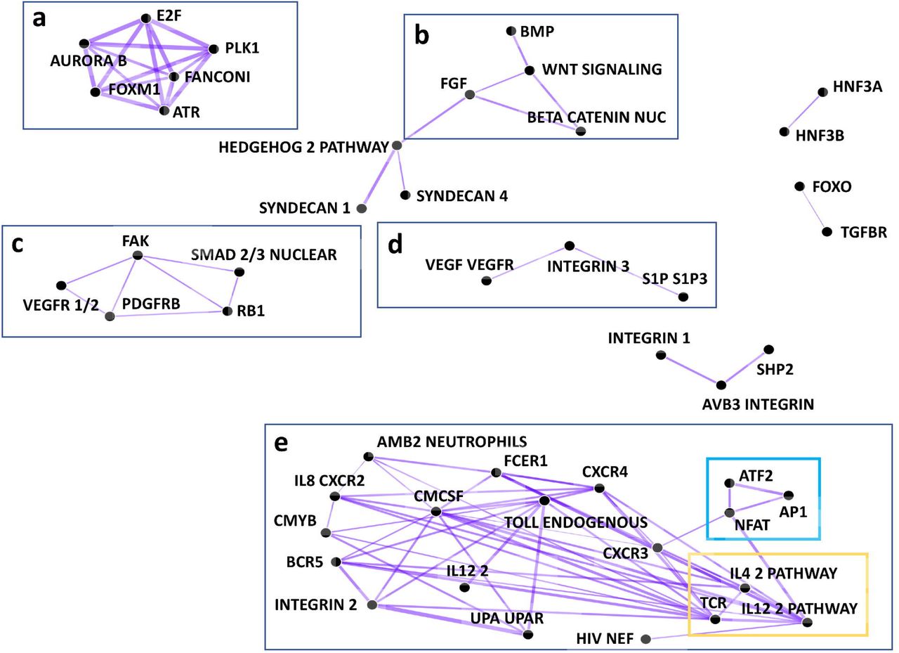 PID pathway-pathway relationships discovered in NMF features constructed from the TCGA pan-cancer gene expression dataset.(a) Pathways in this module are responsible for cell cycle progression.(b) Wnt signaling interactions with nuclear Beta-catenin signaling, FGF signaling, and BMP signaling have all been linked to cancer progression.(c) Here, we observe functional links between pathways responsible for angiogenesis and those responsible for cell proliferation.(d) The VEGF-VEGFR pathway interacts with the S1P3 pathway through Beta3 integrins.(e) This module contains many relationships related to immune system processes. The interaction cycle formed by T-Cell Receptor (TCR) signaling in naïve CD4+ T cells and IL-12/IL-4 mediated signaling events, outlined in yellow, is one well-known example. The cycle in blue is formed by the ATF2, NFAT, and AP1 pathways; pairwise co-occurrence of these three transcription factor networks may suggest that dysregulation of any one of these pathways can trigger variable oncogenic processes in the immune system.The list of PID pathway-pathway relationships visualized in the network is available as a supplemental file for this paper.