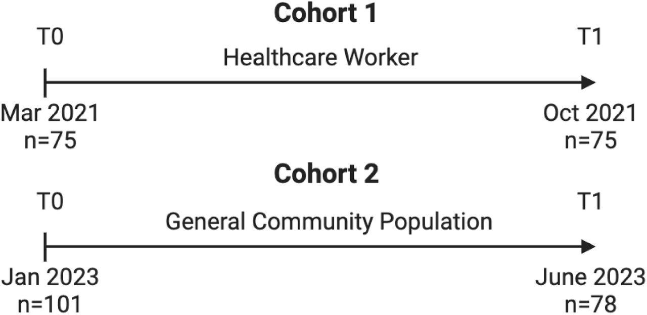 Study design and schematic of study cohorts and patient disposition across two timepoints in a) healthcare workers from Lagos, Nigeria and b) Abuja, Nigeria from 2023.
