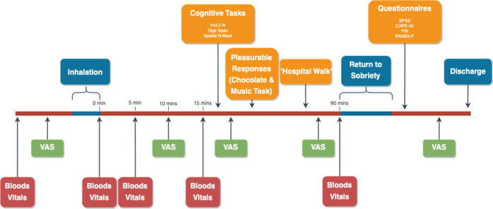 Timeline of baseline and experimental sessions (baseline did not include bloods or return to sobriety).