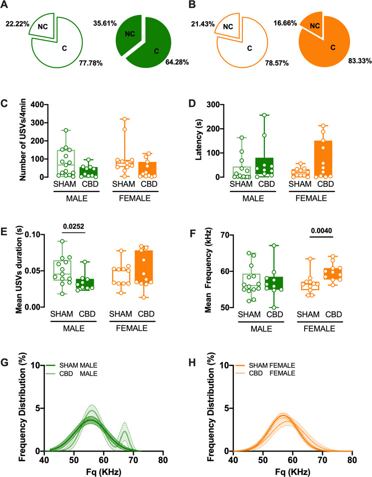 Fetal CBD modifies the frequency and the duration of perinatal USVs.A, B Pie graphs depicting the percentages of vocalizing (C: call) and non-vocalizing (NC: no call) mice, in SHAM and CBD male (left) or female (right) pups. Percentages were calculated as number of animals vocalizing or not / total number of tested animals. Quantitative analysis of USVs shows that following CBD prenatal exposure, the total number of USVs (C) and the latency to the first vocalization (D) were like those of sham, in both sexes. In contrast, mean duration (E) and mean frequency (F) of emitted calls were modified in a sex-specific manner in the CBD progeny. The mean call duration was shorter in CBD male, while the mean frequency was higher in CBD females, compared to their respective SHAM group, (SHAM MALE N = 14 light green, CBD MALE N = 10 dark green, SHAM FEMALE N = 11 light orange, CBD FEMALE N = 11 dark orange). Data are represented as Box and whisker plots (first quartile, median, third quartile). Individual data points represent a single animal. Multiple Mann–Whitney U test, *p < 0.05. G The average distribution of call frequency was monomodal (i.e., fitted with a single Gaussian function, dark green) in SHAM male, but bimodal (i.e., fitted by the sum of two Gaussians for CBD male, light green). H In contrast, the call frequency was monomodal in SHAM (light orange) and CBD exposed female pups (dark orange). Data are represented as curve fit (±CI) of the principal frequency’s average distribution.
