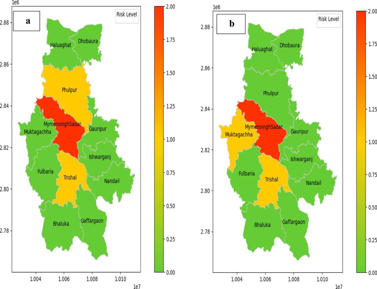 Rabid animal bite risk map during 2022 (a) and 2023 (b) in different upazilas of Mymensingh district