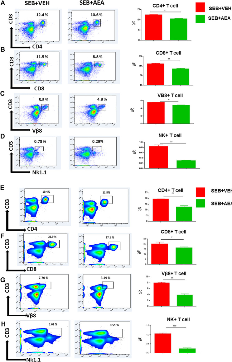AEA decreases T cell subsets in the splenocytes activated with SEB in vitro. Spleen cells isolated from naïve mice were pretreated with AEA in vitro followed by activation with SEB, and then cultured for 24 (A-D) or 48 (E-H) hrs, and stained for various markers. Each panel shows a representative experiment using flow cytometry and the vertical bars depict data from groups of five mice with Mean+/-SEM. (A,E) CD3+CD4+ cells. (B, F) CD3+CD8+ cells. (C,G) CD3+Vβ8+ cells (D,H) CD3+NK + cells. The data was confirmed in three independent experiments. *p ≤ 0. 05, **p ≤ 0. 01.