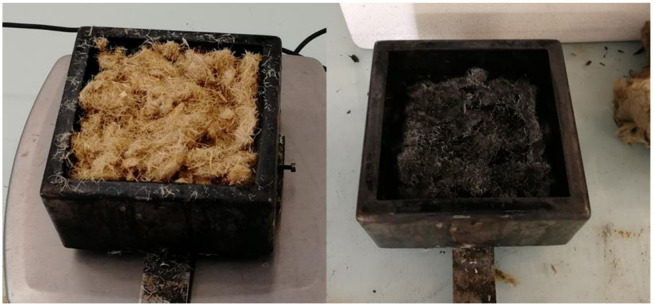 Untreated hemp fibers scattered in the sample holder before (left) and after (right) cone calorimeter test.