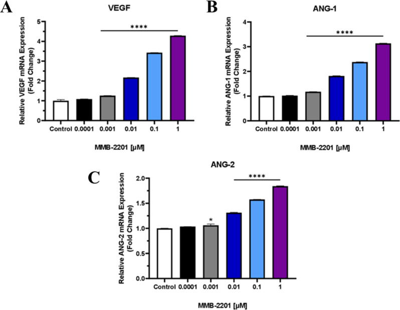 Effects of the synthetic cannabinoid MMB-2201 treatment on mRNA expression in endothelial cells. The results of qRT-PCR showed the upregulation of several angiogenic genes, including VEGF, ANG-1, and ANG-2, at different concentrations of MMB-2201. Data are presented as mean ± SEM (n = 3). (*) indicates p < 0.05. (****) indicates p < 0.0001
