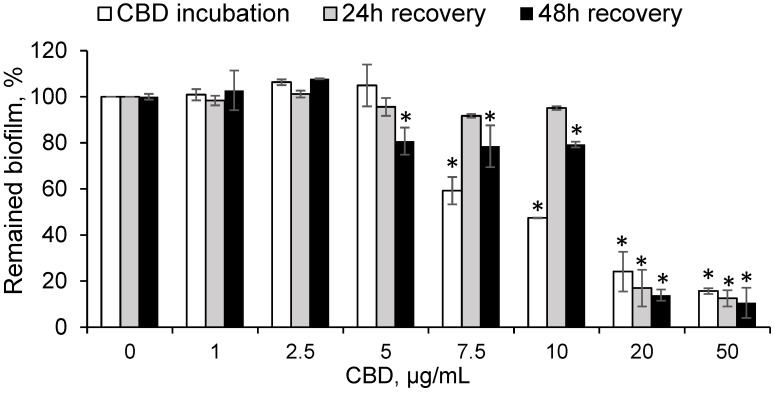 CBD shows prolonged anti-metabolic effect on preformed S. mutans biofilms. S. mutans were allowed to form a biofilm for 24 h, and then exposed to various concentrations of CBD for another 24 h (white column). Thereafter, CBD was removed, and the biofilms were further incubated in BHI with sucrose for another 24 h (grey column) or 48 h (black column), and the metabolic activity of the biofilm-embedded bacteria was measured by MTT assay at each time point. The average and SEM from a representative experiment are presented. * p < 0.05 in comparison to the control of the same time point.
