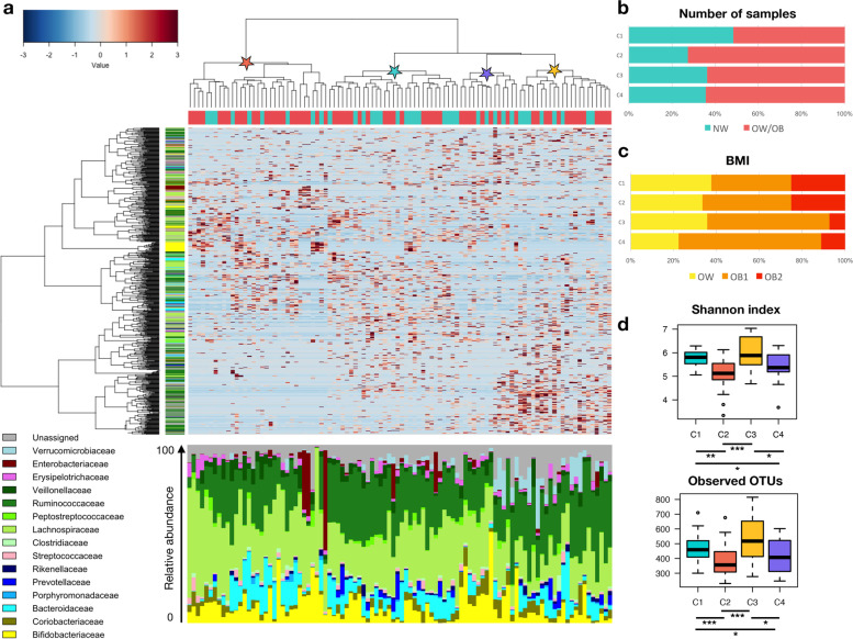 The gut microbiota structure allows stratifying the whole dataset into four distinct clusters. a Hierarchical Ward linkage clustering based on the Spearman correlation coefficients of the relative abundance of OTUs, filtered for presence in at least 20% of the participants. Labeled groups in the top tree (basis for the four groups of Fig. 3) are highlighted by stars colored according to the microbiota configuration (C1–C4) (see d). OTUs are color-coded by family assignment in the vertical tree. Bacteroidetes phylum, blue gradient; Firmicutes, green; Proteobacteria, red; and Actinobacteria, yellow. The bar plot at the bottom shows the relative abundance of the family-classified microbiota profiles. Bar plots showing the percentage of normal-weight (NW) and overweight/obese (OB) women for each cluster (b) and the distribution of the latter in terms of BMI status: overweight (OW), class 1 obesity (OB1), and class 2 obesity (OB2) (c). d Alpha diversity measured using the Shannon index and the number of observed OTUs for the four microbiota clusters (C1–C4). * p < 0.04; ** p < 0.001; *** p < 3 × 10−4; Wilcoxon rank-sum test