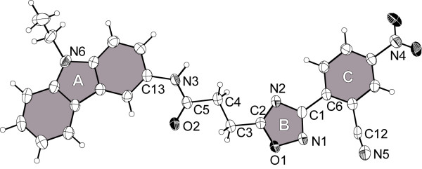 X-ray crystal structure of 6f (50% thermal ellipsoids). The planar ring systems have been noted by A, B and C and are highlighted in grey.