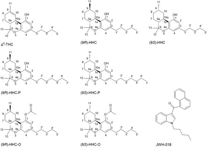 Chemical structures of Δ9‐THC, (9R)‐HHC, (9S)‐HHC, (9R)‐HHC‐P, (9S)‐HHC‐P, (9R)‐HHC‐O, (9S)‐HHC‐O and JWH‐018. [Correction added on 2 July 2024, after first online publication: The chemical structures of (9R)‐HHC and (9S)‐HHC in Figure 1 has been updated.]