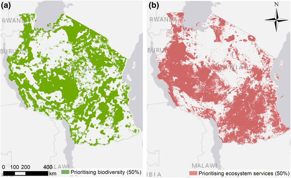 An example from Tanzania of how conservation planning leads to the selection of different areas depending on the selected priority attributes: (a) 50% protection based on high levels of biodiversity and (b) 50% protection based on high levels of ecosystem service provision modeled with Co$tingNature V2 Ecosystem Service assessment tool (http://www.policysupport.org/costingnature). See further details in (Mulligan et al. 2010).
