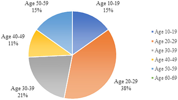 Age distribution among the cases reported in the literature.