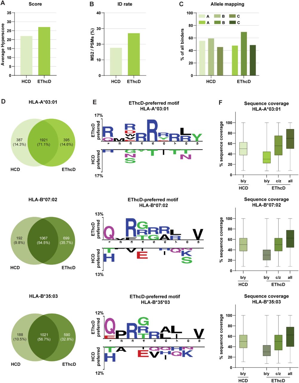 EThcD fragmentation extends the detectable immunopeptidome of the Jurkat cell line.HCD and EThcD were compared for (A) the resulting spectral score (Hyperscore) and (B) ID rates for the Jurkat immunopeptidome. (C) Identified predicted binders (NetMHCpan 4.1, <1% binding rank) were analyzed for the percentage (%) of binders to the HLA-A, -B, and –C-alleles. Plotted are the cumulative percentages of predicted binders to both of the B alleles. N.B. Identified predicted binders can be predicted to bind multiple HLA-alleles. (D) Venn diagrams of the overlap between HCD- and EThcD-identified unique peptides for HLA-A*03:01, –B*07:02 and –B35*03. (E) Sequence motifs of over-represented amino acids in identified peptides. Motifs on the top are enriched in EThcD-preferred peptides, whereas motifs on the bottom are less identifiable in the EThcD-preferred peptides compared to sequences identified by HCD alone + those identified by both HCD and EThcD (i.e. ‘HCD-preferred’). Motifs were extracted with Two-Sample Logo (p<0.05) for HLA-A*02:01 and –B*07:02 predicted binders (<1% binding rank). The height of each symbol is proportional to the difference in relative frequencies. (F) Percentage (%) of sequence coverage of HCD (b/y ion series) and EThcD (b/y, c/z, or the combination of ion series) for HLA-A*03:01, –B*07:02 and –B*35:03 predicted binders (<1% binding rank).
