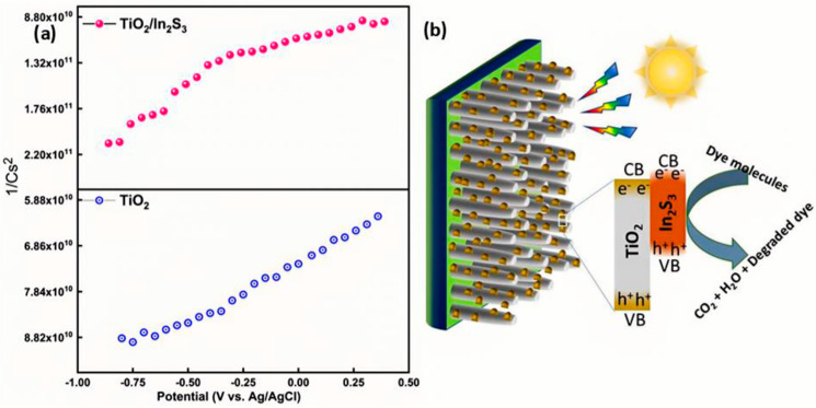 (a): Mott–Schottky plot for the TiO2, TiO2/In2S3 photoelectrodes, and (b) schematic photo (electro) catalytic redox reactions on the photoelectrodes. The more photoexcitated In2S3 molecule under visible light degrades the dye molecule into the small fragments of organic moieties.