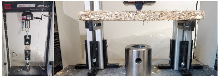 Test configuration: tensile (left) and bending (right).